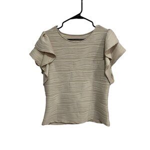 Womens Beige Ruffled Cap Sleeve Textured Top Size L Stretch Cottagecore Romantic